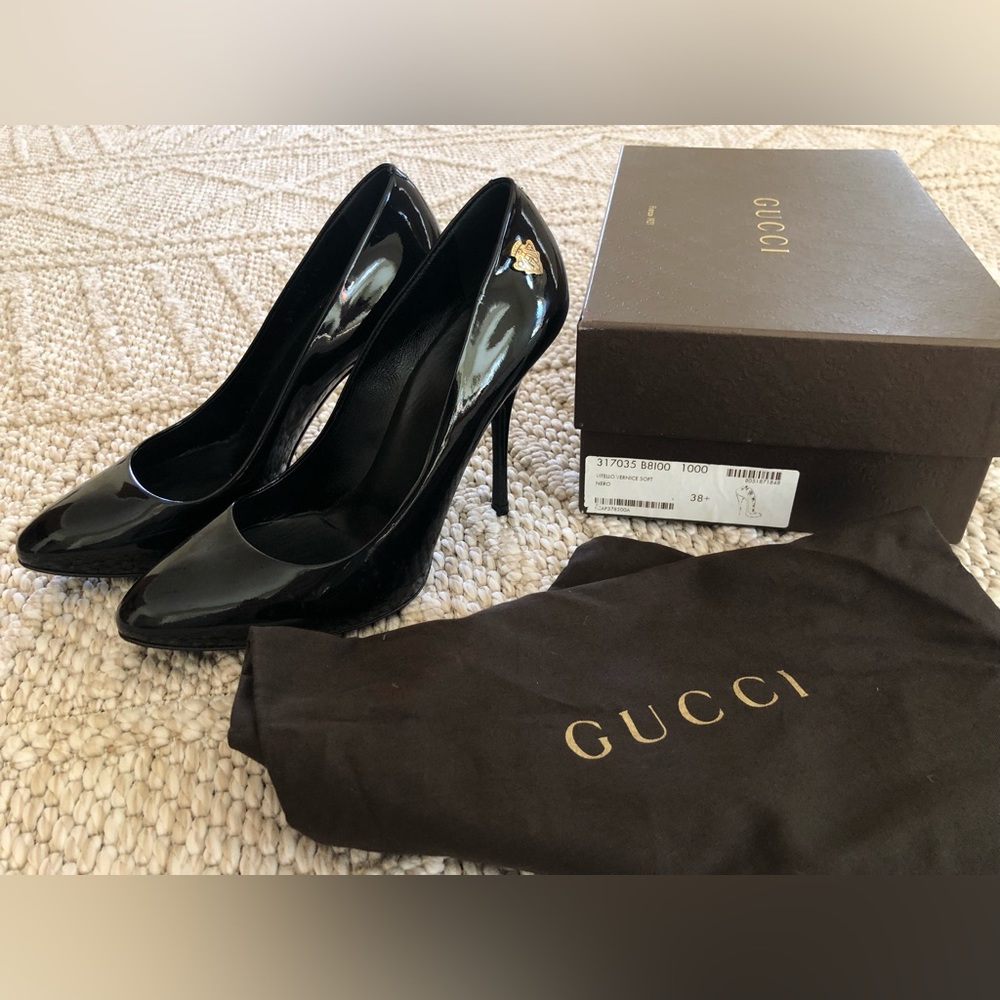 GUCCI Vitelli Vernice Soft Nero Heels Size 38 1/2